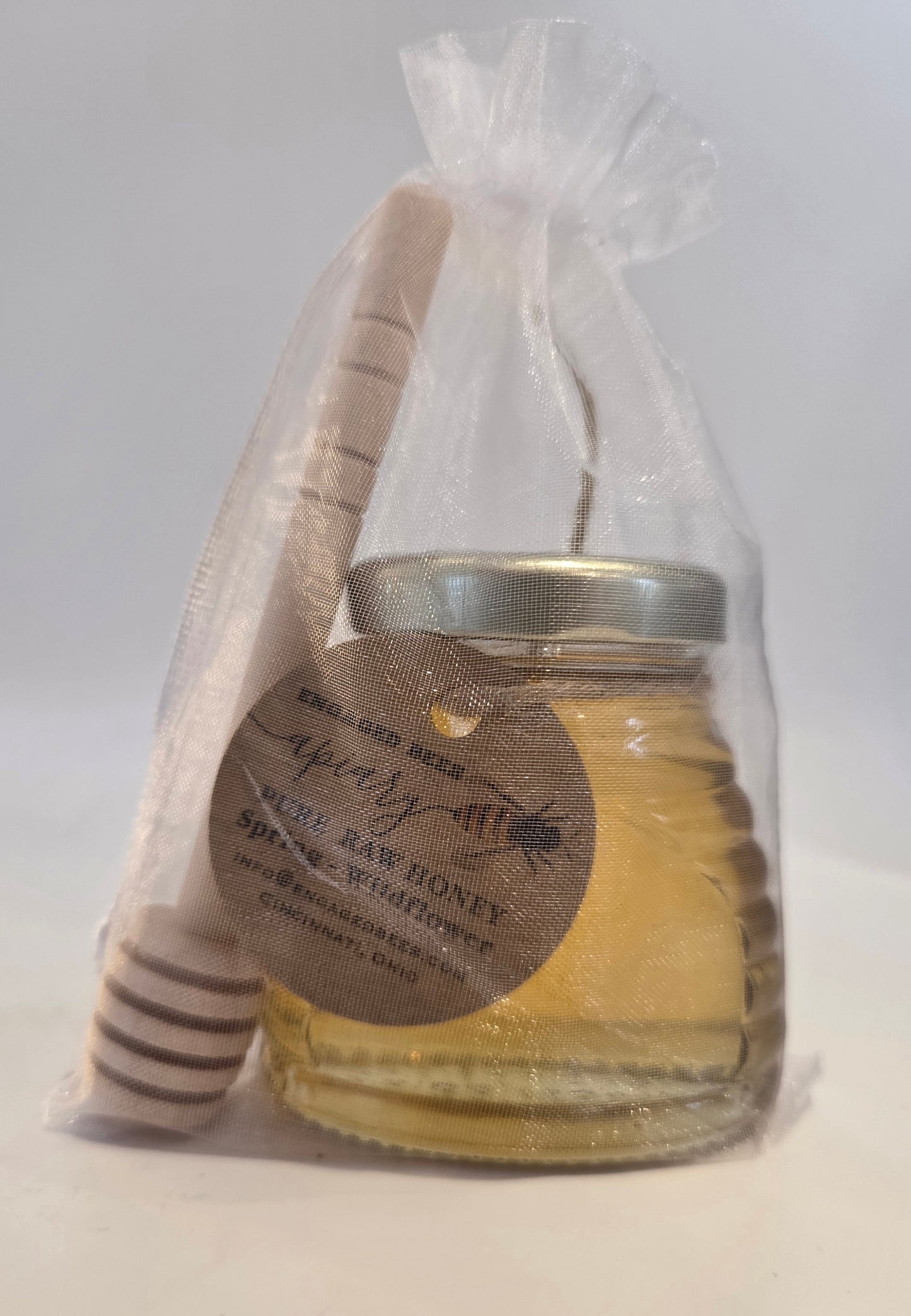 3oz skep jar favor - spring honey with honey dipper in organza bag